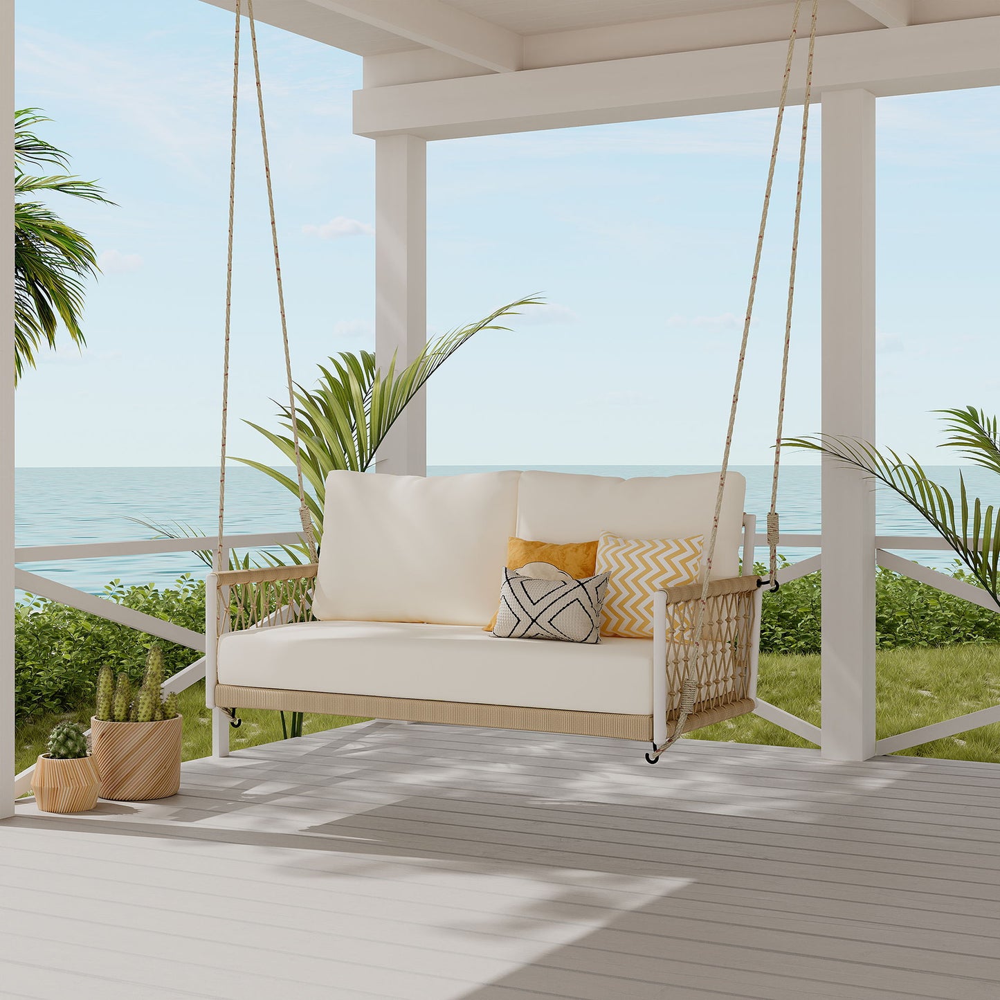 Outdoor Swing Sofa With Soft Cushions For Patio - Beige