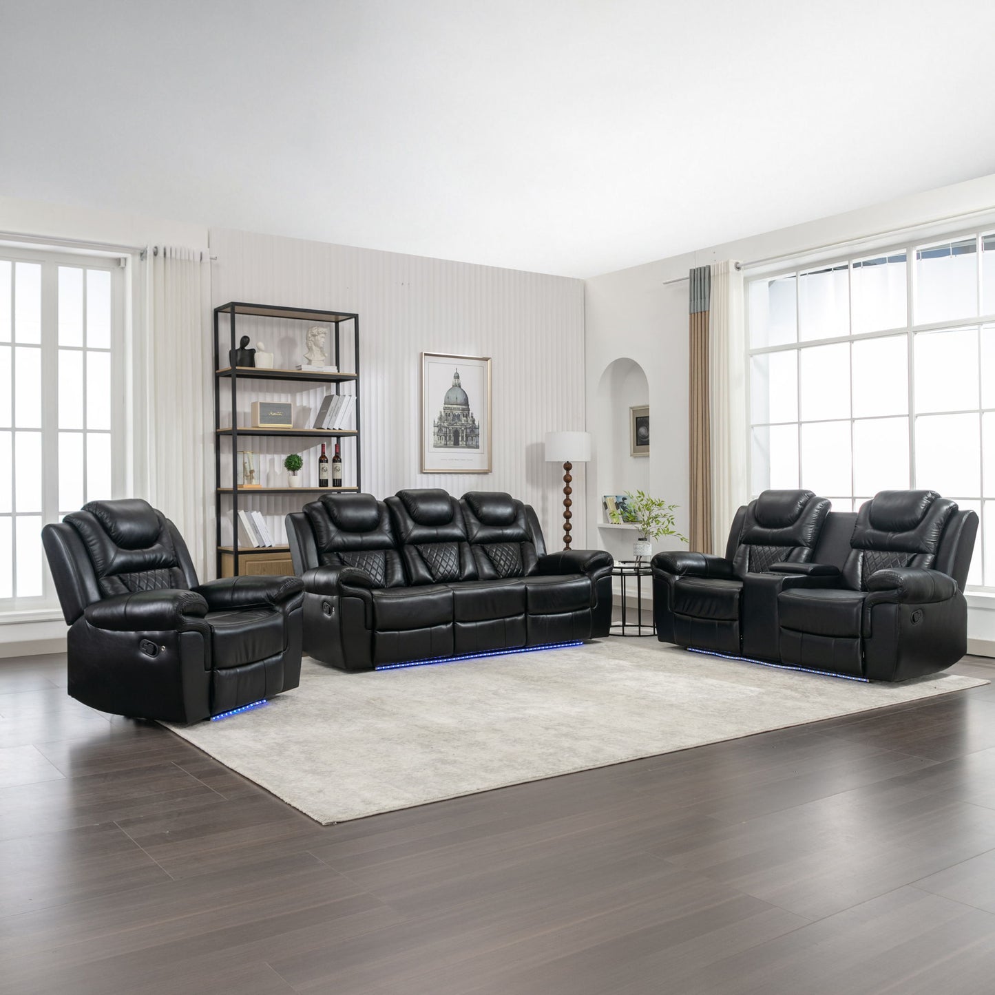 3 Pieces Recliner Sofa Sets Home Theater Seating Manual Recliner Chair With Center Console And LED Light Strip For Living Room