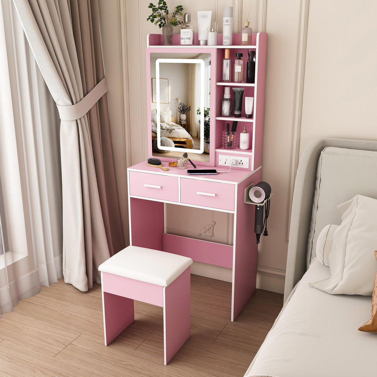 Small Makeup Vanity Desk With Adjustable LED Lights, Built In Power Outlet & Hidden Storage, Includes Padded Stool And Shelf - Pink