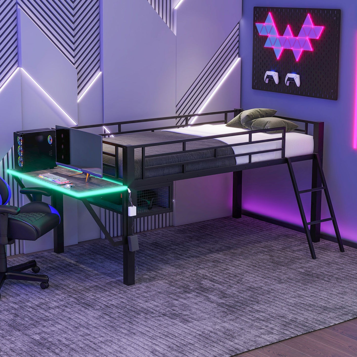 Gaming - Twin Loft Bed With Desk And LED - Black
