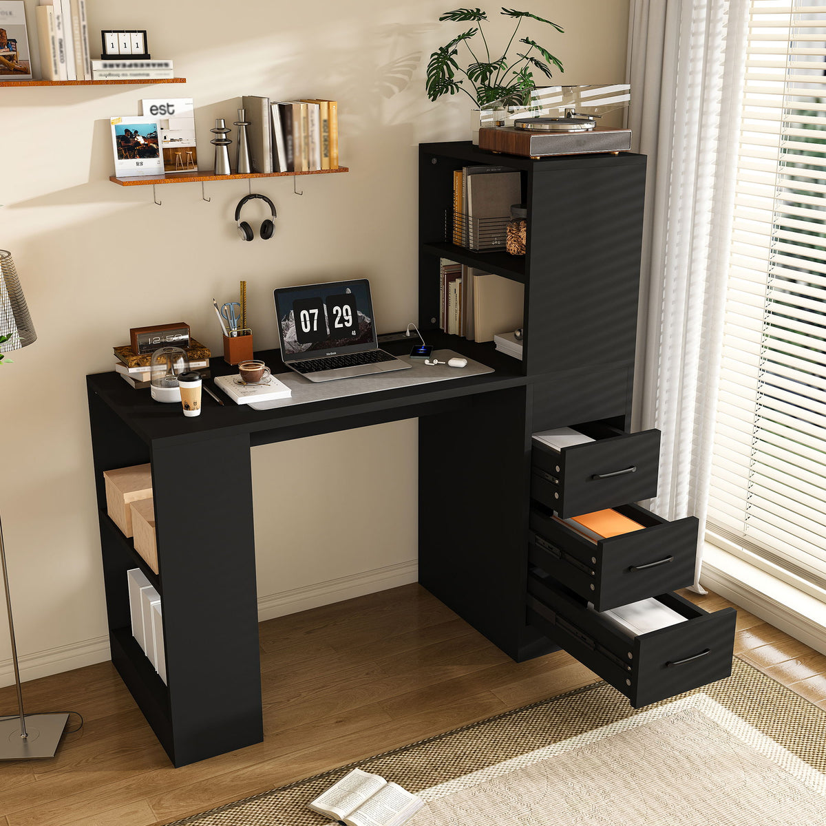 Computer Desk With 4 In 1 Socket, 3 Slide Drawers And 4 Storage Levels, For Home Office - Black