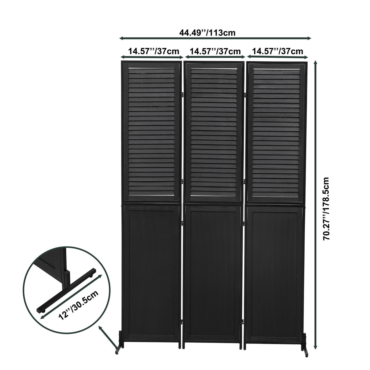 Rustic 3 Panel Room Divider 6Ft Wood Folding Privacy Screen With Metal Frame And Louver Design - Black