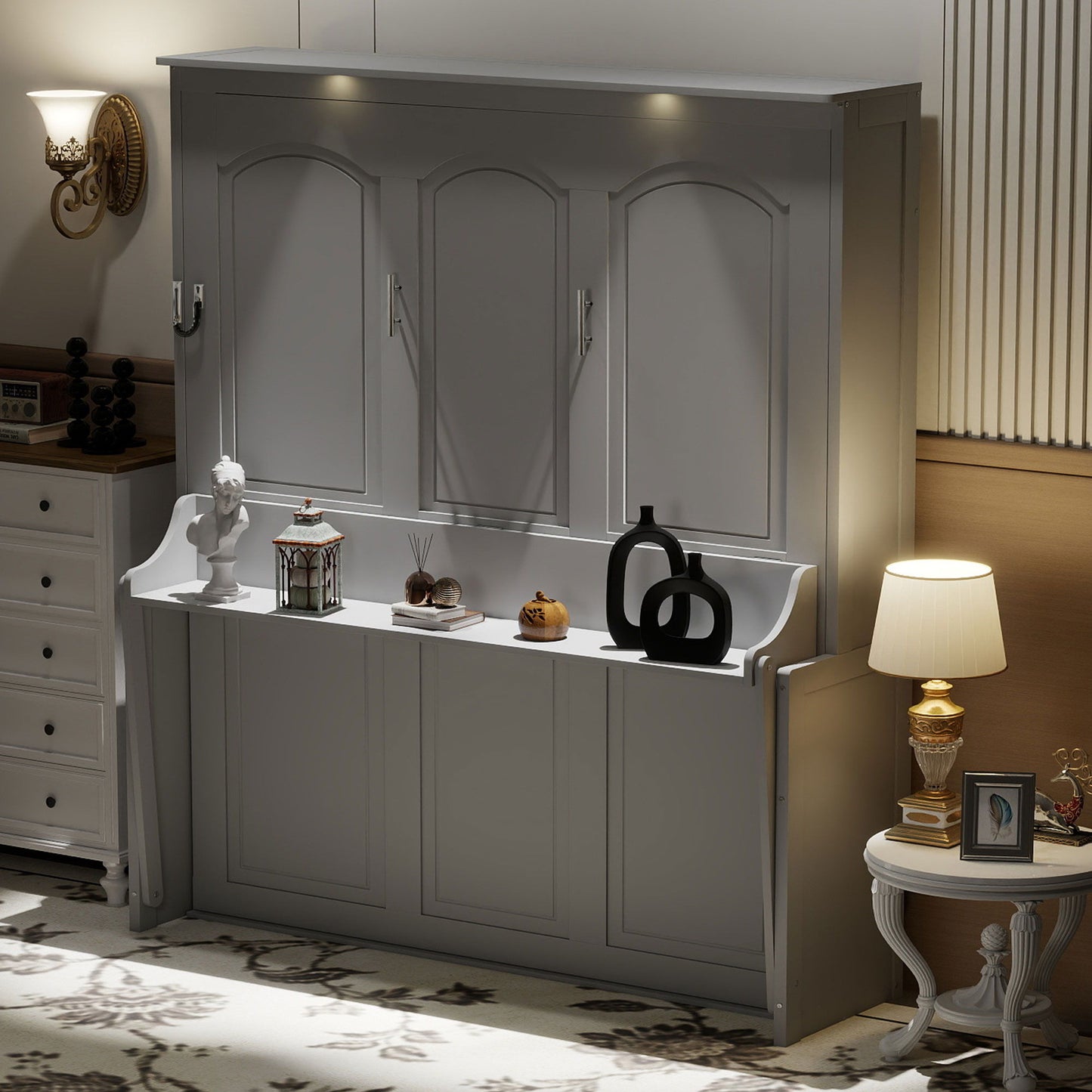 Murphy Bed With Desk, LED Lights And USB Charging Station