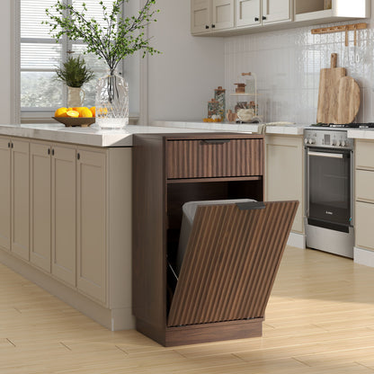 Tilt Out Trash Can Cabinet With Wave Textured Drawer & Pull Out Bin