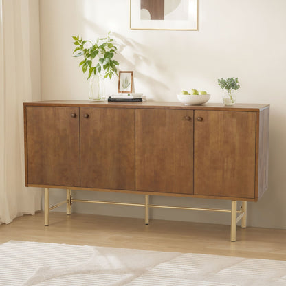Modern Scandinavian 4 Door Sideboard Storage Cabinet With Adjustable Shelves - Brown / Gold