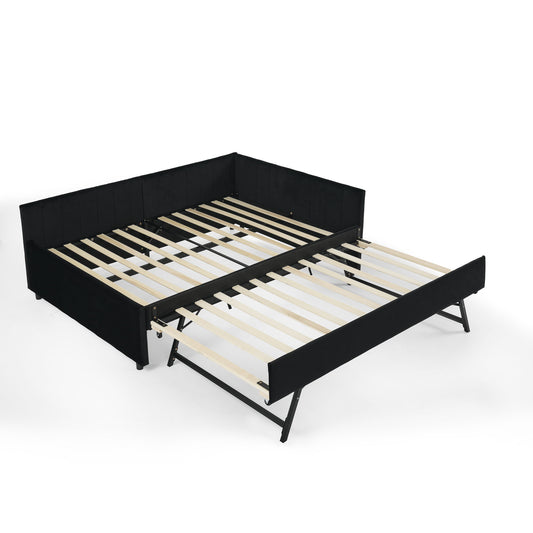 Full Size Upholstered Daybed With Trundle, Tufted Backrest And Armrests - Black