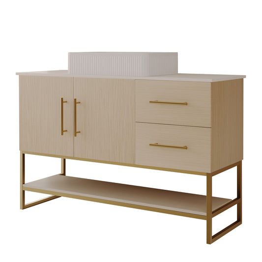 Bathroom Vanity With Vessel Sink Accent Free Standing Cabinet - Ameican White Oak / Gold / White