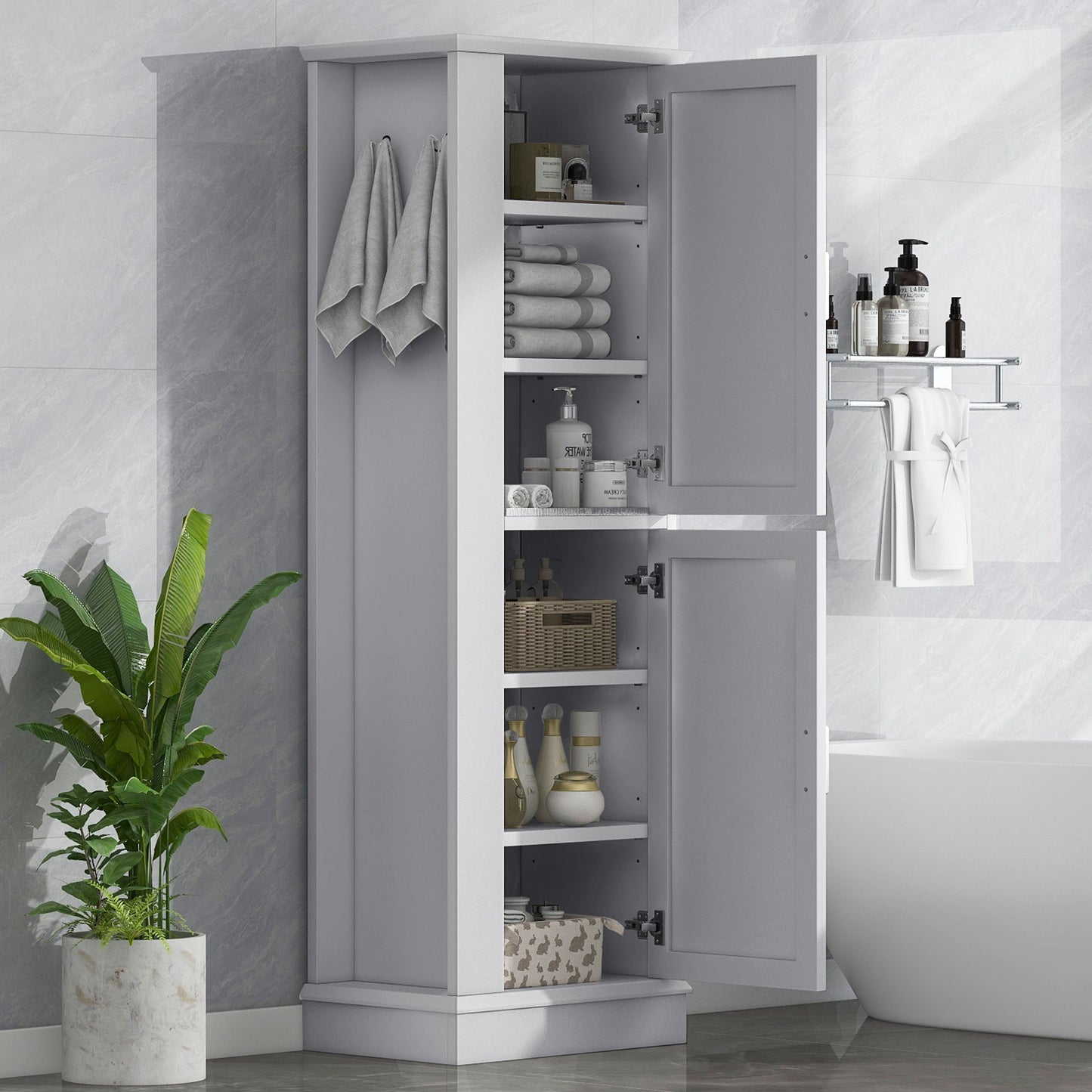 Tall Freestanding Bathroom Storage Cabinet With Adjustable Shelves And Side Hooks