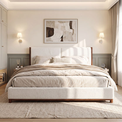 King Upholstered Bed Frame, No Box Spring Needed - Walnut / White