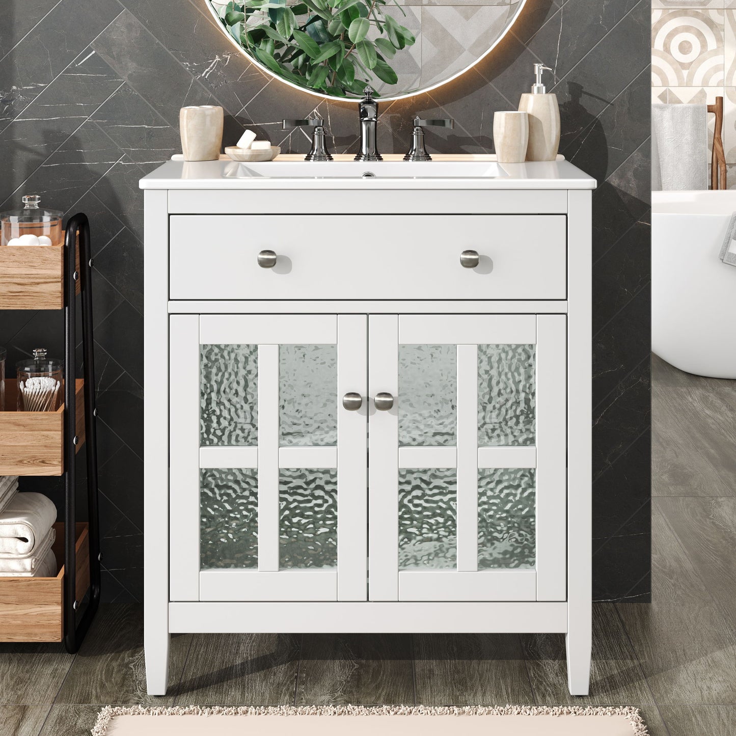 Bathroom Vanity With Ceramic Sink, Adjustable Shelf & Tip Out Tray