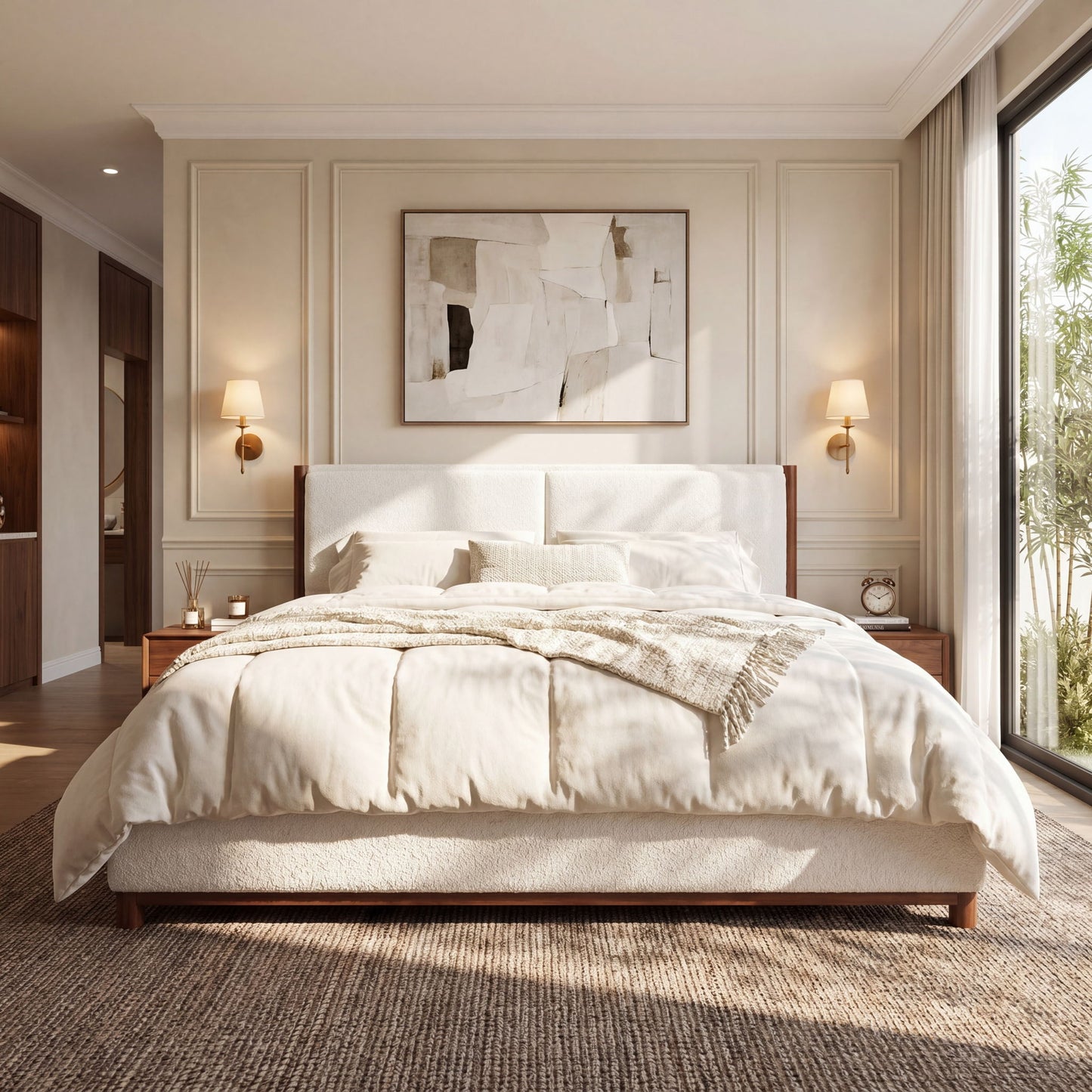 King Upholstered Bed Frame, No Box Spring Needed - Walnut / White