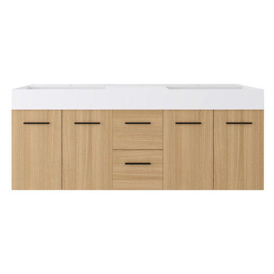 Floating Double Sink Bathroom Vanity With Drawers And Doors, Extra Large Storage, Integrated Sink, Soft Close Hardware - Glossy White / Light Oak