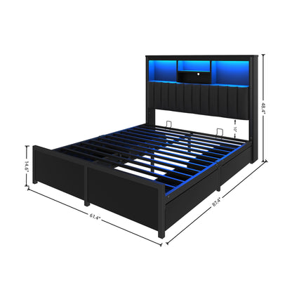Queen Bed Frame With High Storage Headboard, LED Light And Charging Station, 4 Storage Drawers - Black