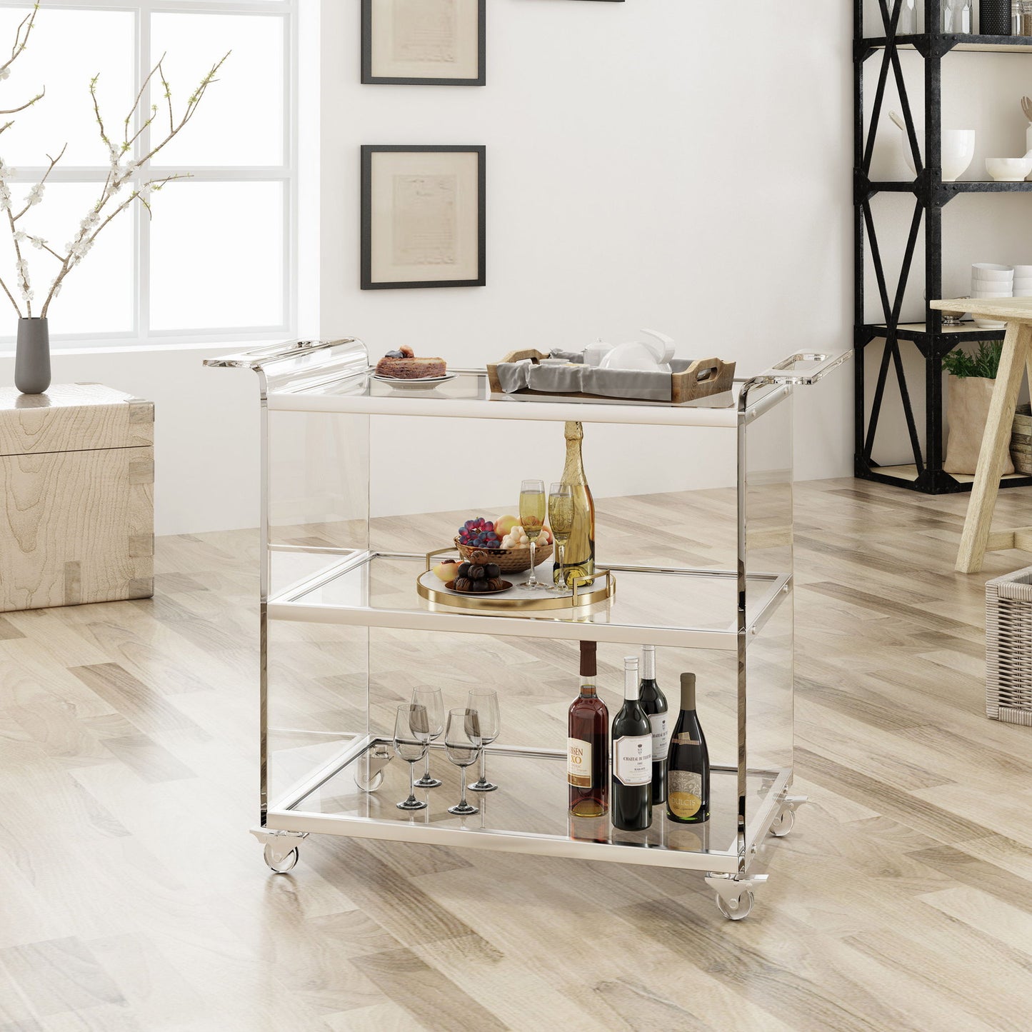 Elegant Acrylic Bar Cart With Tempered Glass Shelves And Rattan Metal Frame - Clear