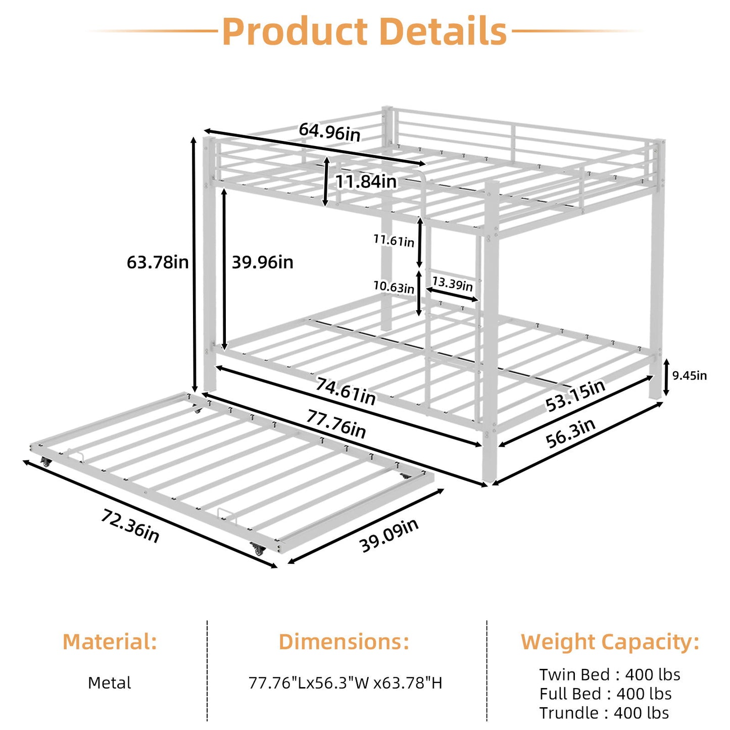 Bunk Bed For Kids, Convertible Frame With Ladders & Guardrail