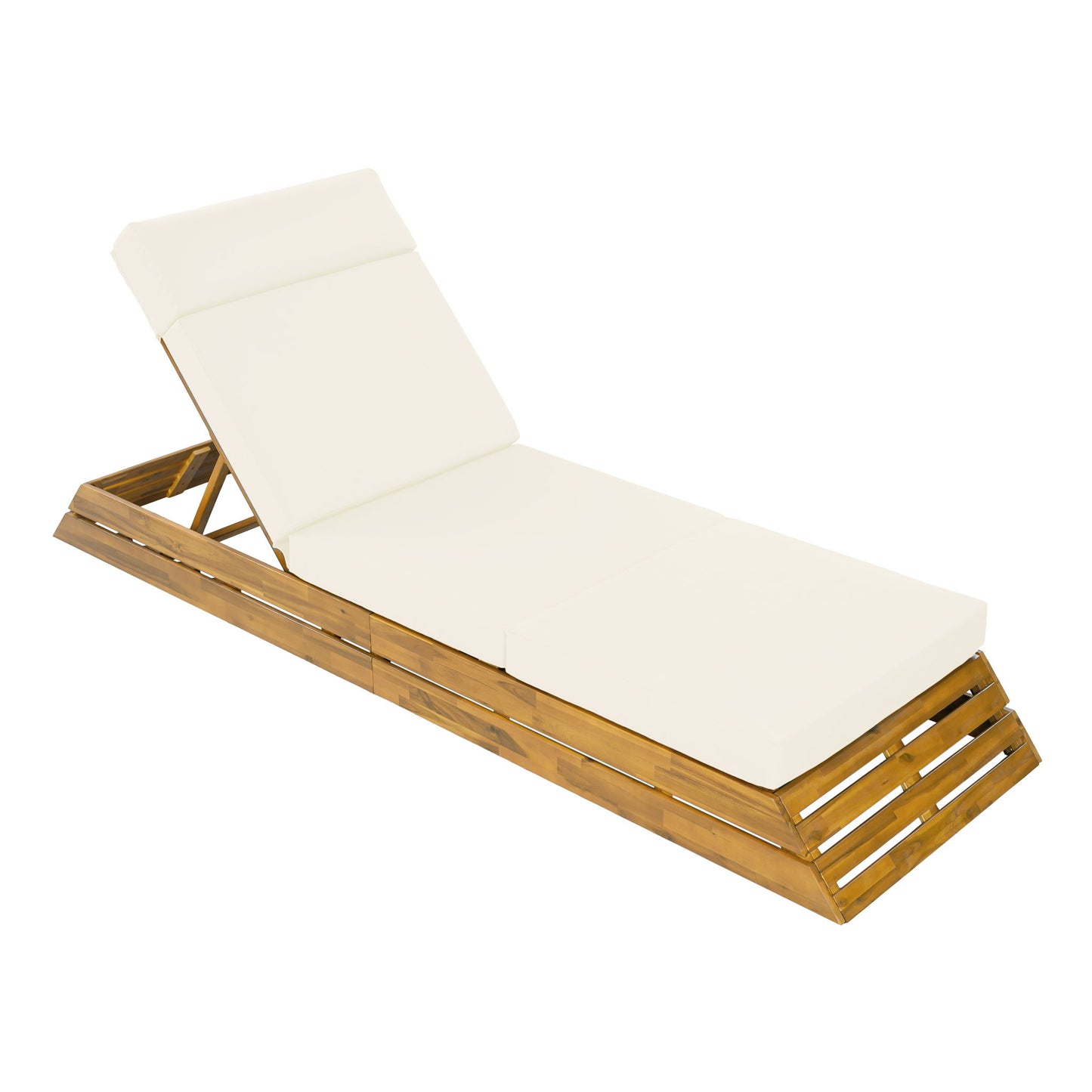 Chaise Lounge Set With 4 Fold Cushion And Built In Headrest, 3 Position Adjustable Backrest, For Patio - Beige / Teak