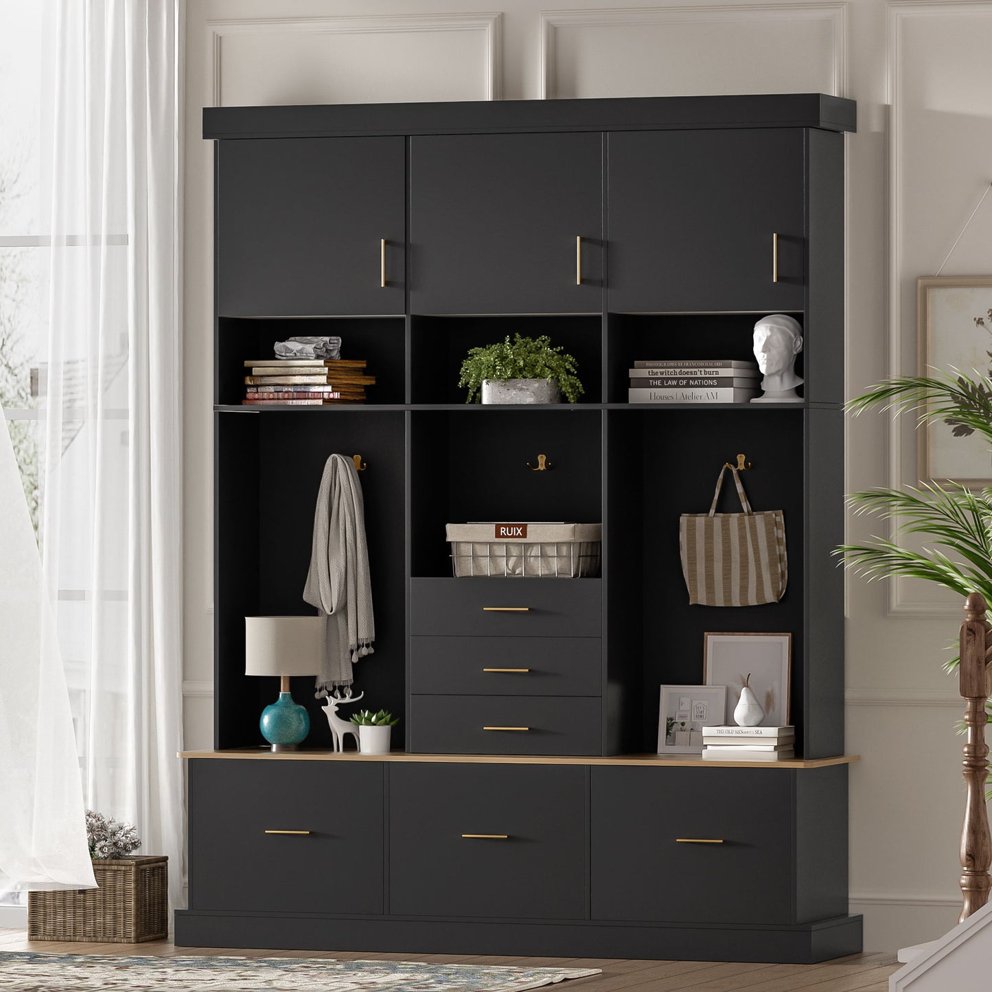 Entryway Hall Tree With Bench And Storage, 5 In 1 Coat Rack