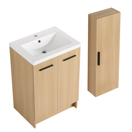 Freestanding Bathroom Vanity Set With Tall Linen Cabinet, Single Sink, Extra Storage, Soft Close Doors - Glossy White / Light Oak