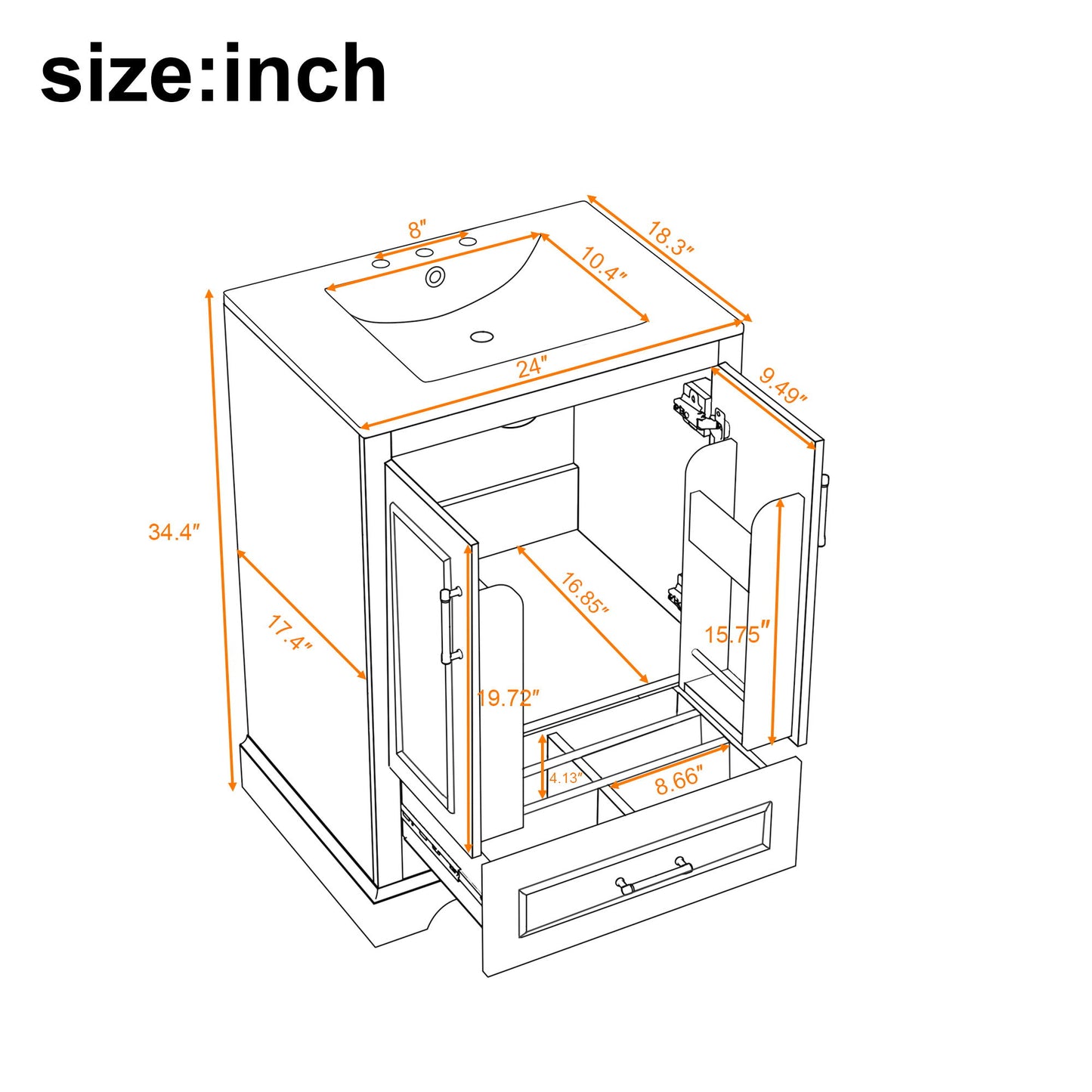 Bathroom Vanity With Sink, 1 Divided Drawer And 2 Soft Close Doors With Double Shelf