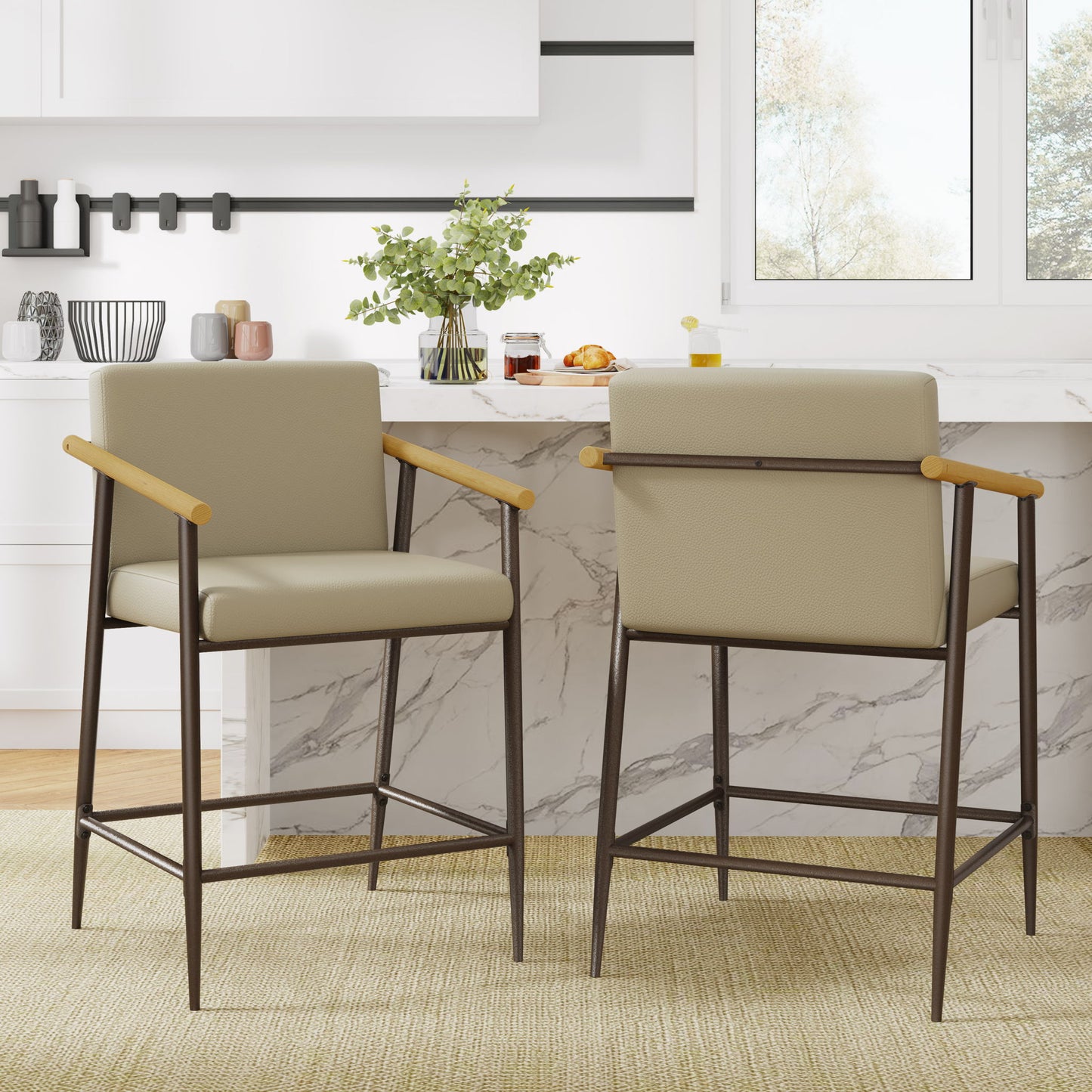 Mid Century Modern Counter Stool Set With Espresso Metal Frame - Khaki