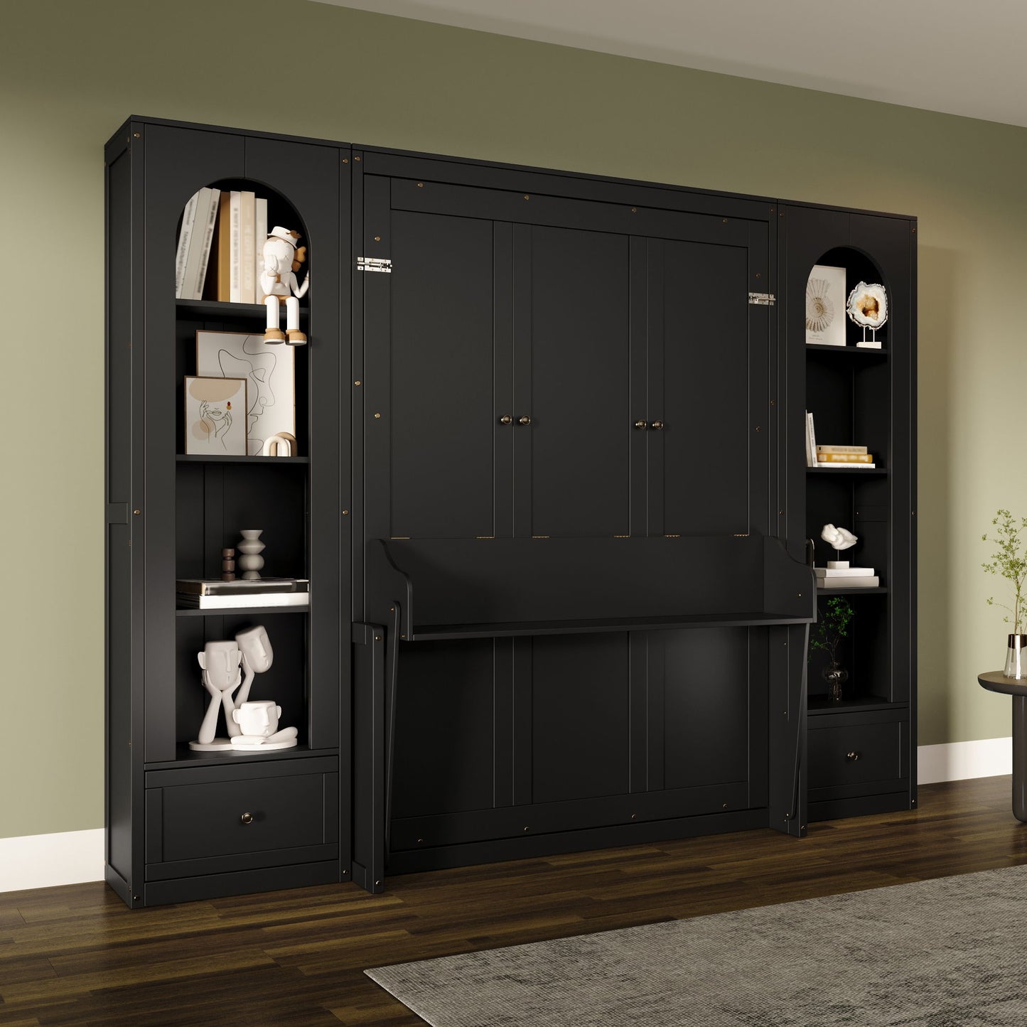 French Style Murphy Platform Bed With Shelf, Side Cabinets, Drawers And LED