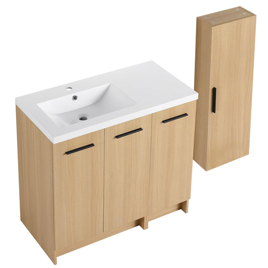 Freestanding Bathroom Vanity Set With Tall Linen Cabinet, 3 Door Storage Cabinet, Single Sink