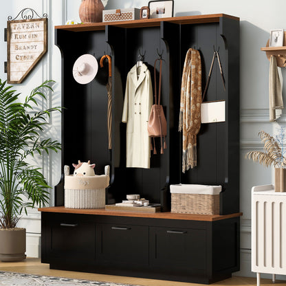Hall Tree With Bench And Shoe Storage, 3 Large Drawers, Open Storage Shelves & Hooks