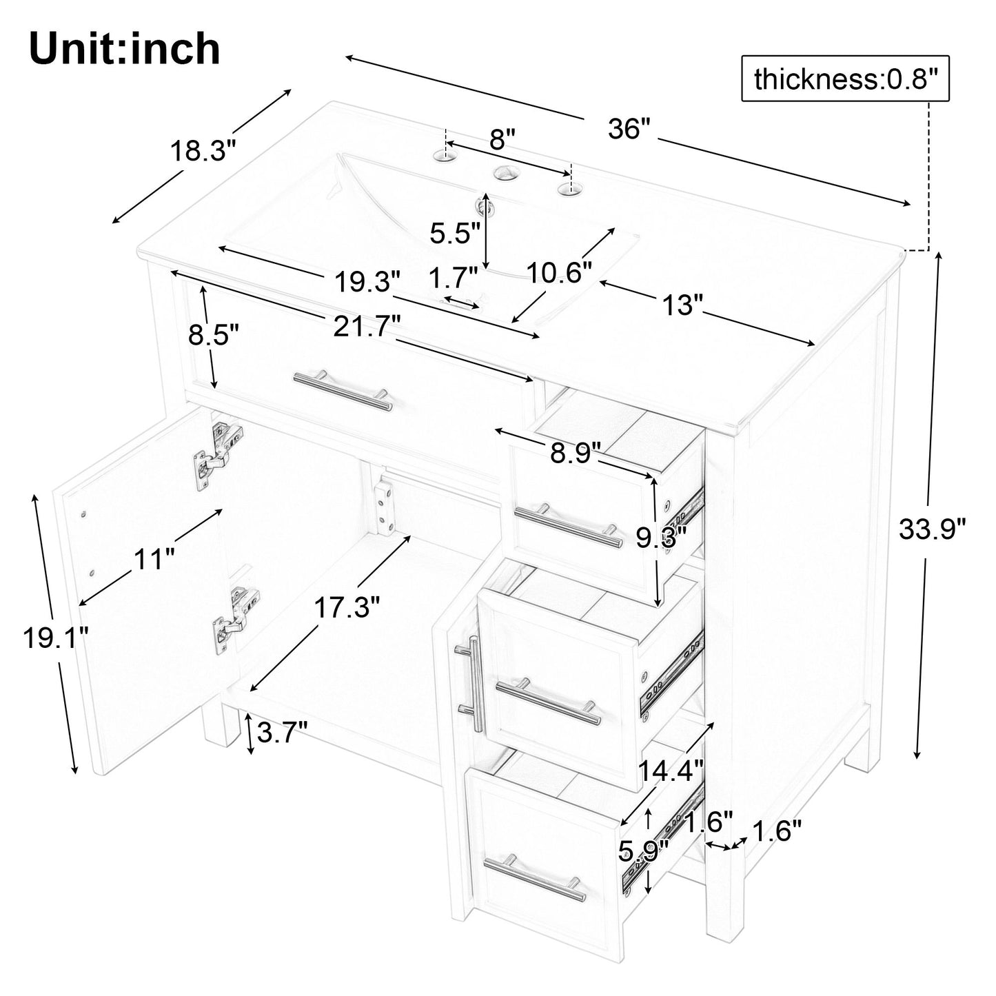 36" Bathroom Vanity With Sink, 2 Doors, 3 Drawers, Rectangular - White
