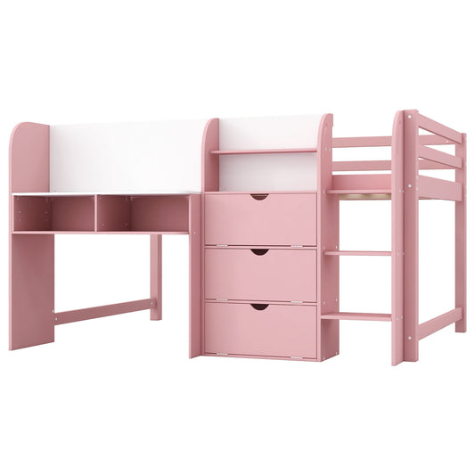 Low Loft Bed With Built In Desk, Storage Cabinets, Open Bookcase And Doodle board