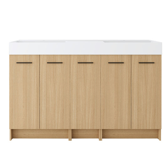 Double Sink Bathroom Vanity With Extra Large Storage, Integrated Sink, Freestanding Cabinet, Soft Close Doors - Glossy White / Light Oak