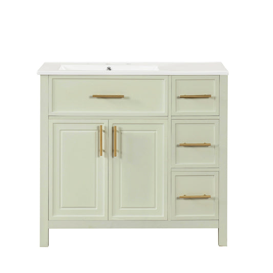 36" Bathroom Vanity With Sink, 2 Doors, 3 Drawers, Rectangular - White