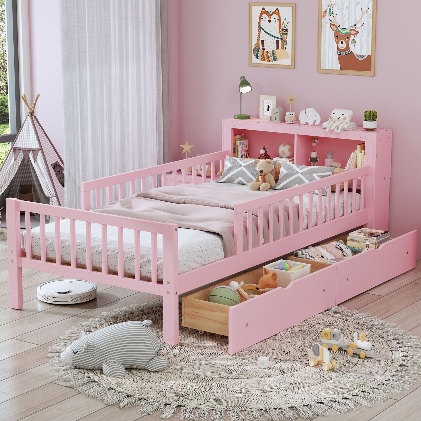 Bed With Headboard Storage Rack, 2 Under Bed Drawers, 3 Side Guardrails For Safety