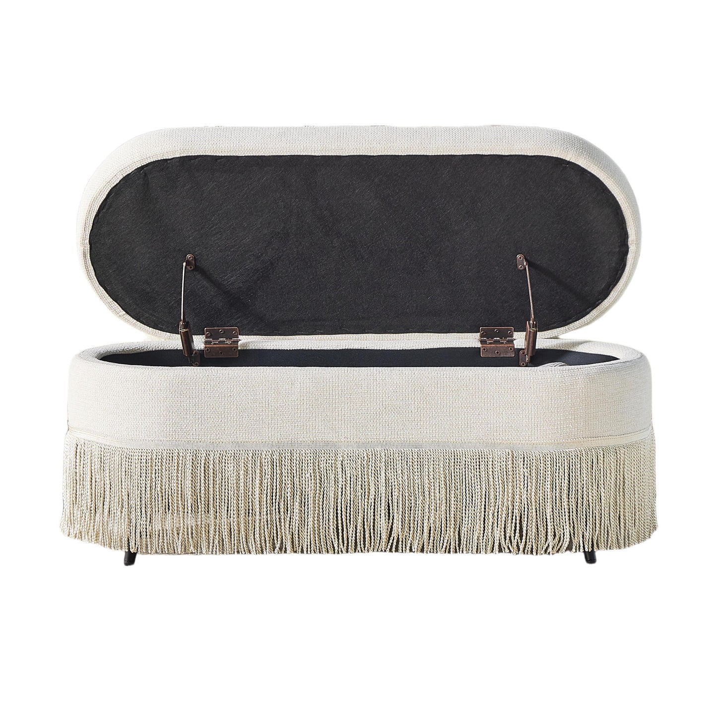 Oval Upholstered Storage Ottoman With Fringe Trim & Lift Top Lid