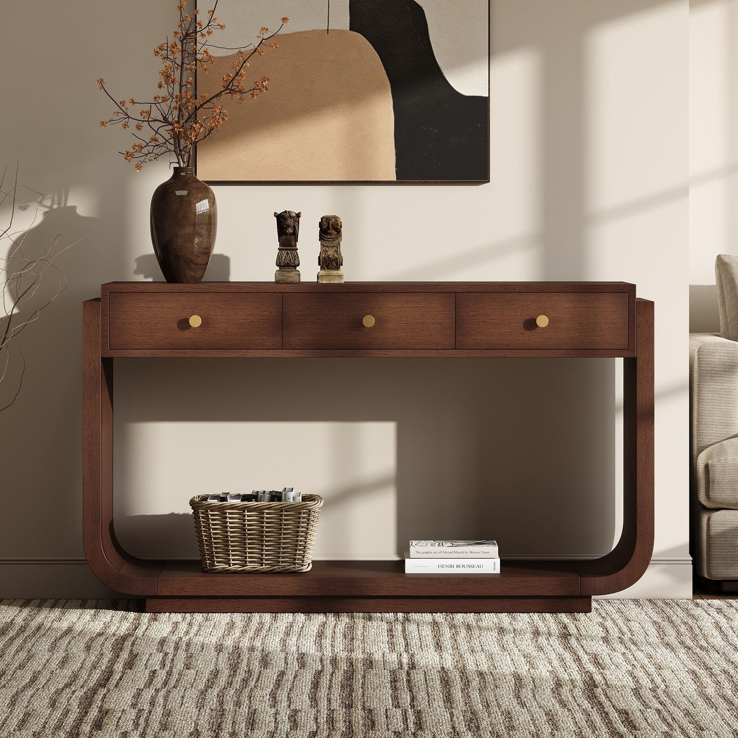 Console Table With 3 Drawers, Display Shelf, Curved Legs - Walnut