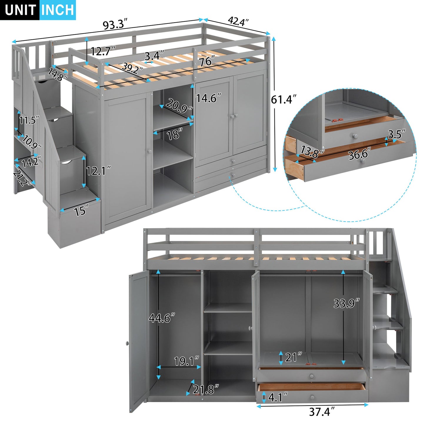Loft Bed With 3 Shelves, 2 Wardrobes, 2 Drawers, Ladder Storage