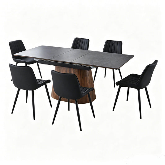 Extendable Dining Table With Cone Base And 6 Dining Chairs - Brown / Black
