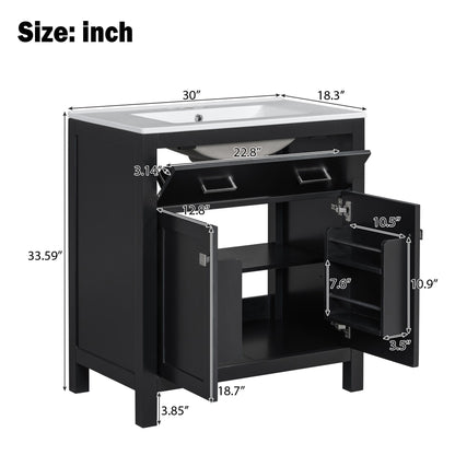Bathroom Vanity With Ceramic Sink, Modern Single Bathroom Cabinet With 2 Doors And A Shelf, Soft Close Doors