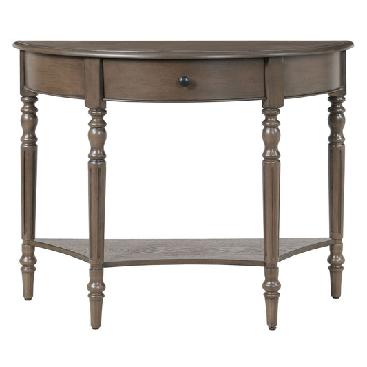 Half Moon Console Table With Drawer & Shelf For Living Room - Walnut