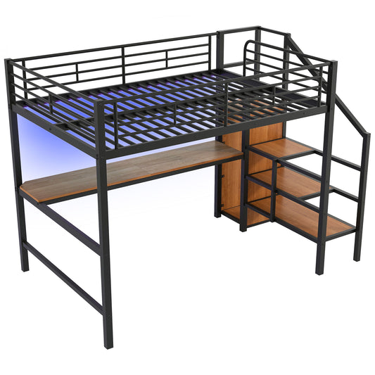 Loft Bed With Desk, Storage Staircase, Small Wardrobe And LED Light
