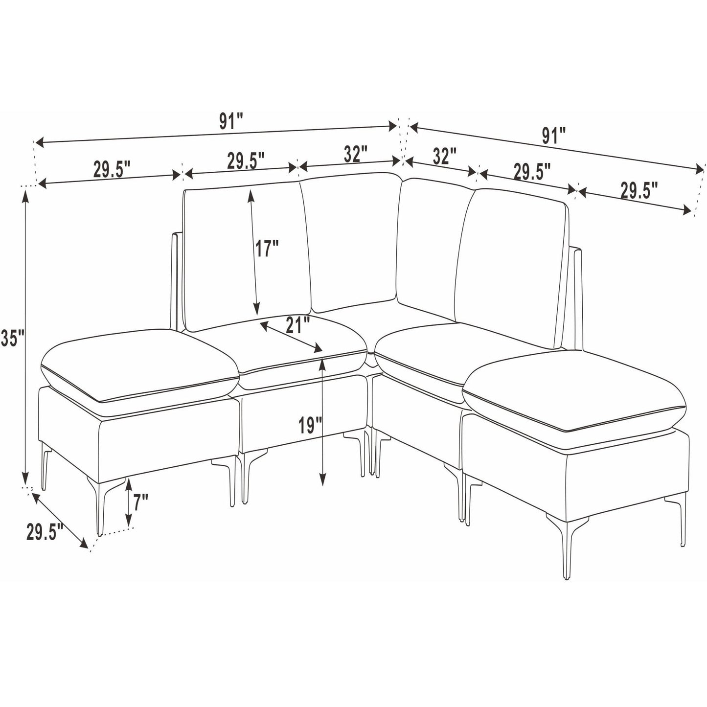 Upholstered Modular Sectional With Tall Legs, Medium Firm Seat