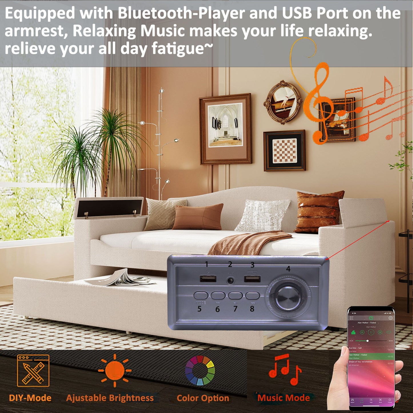Upholstered Daybed With Storage Armrests, Trundle And Latest Integrated tooth Audio System