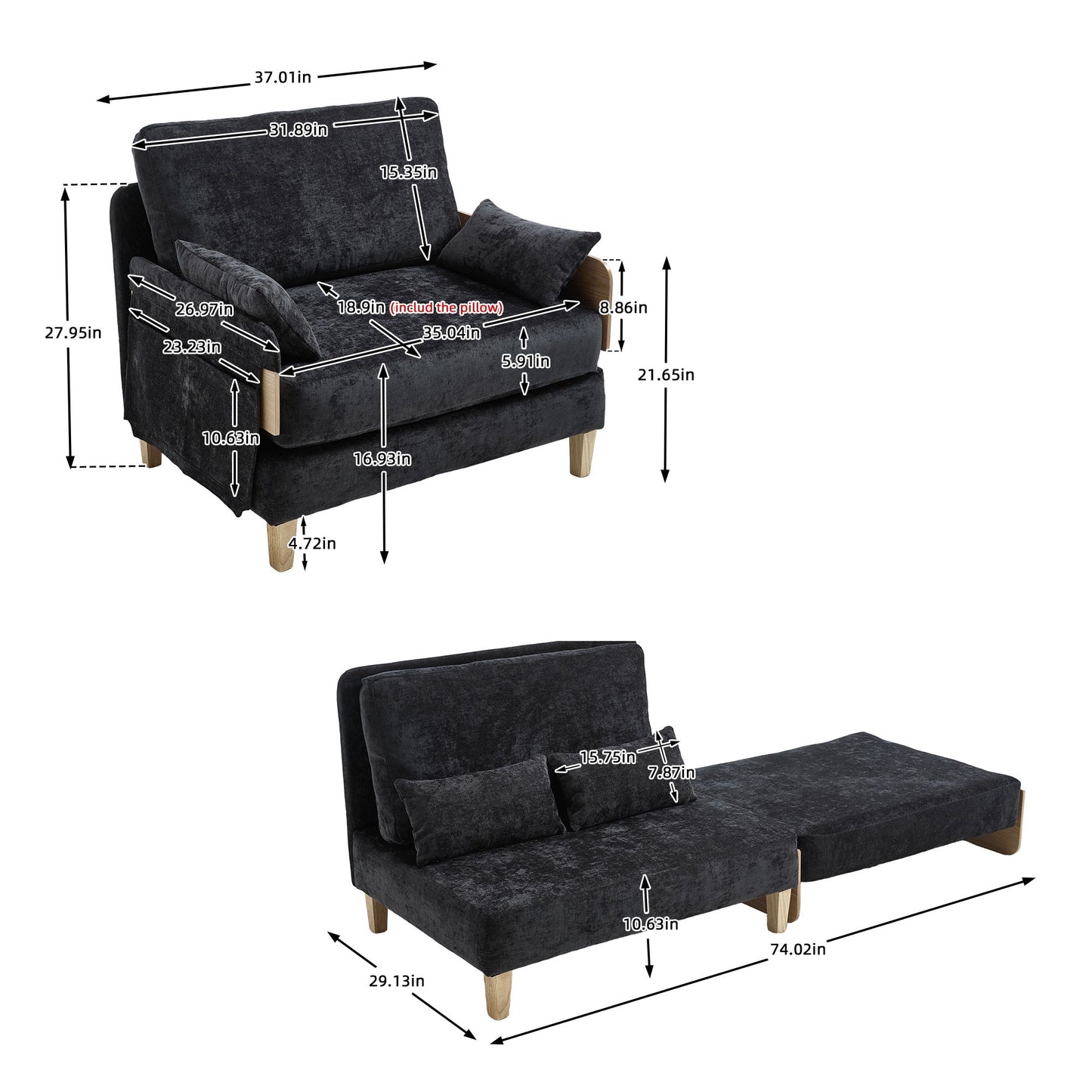 Mid Century Modern Foldable Sofa Bed, 3 In 1 Convertible Sleeper With 3 Pillows