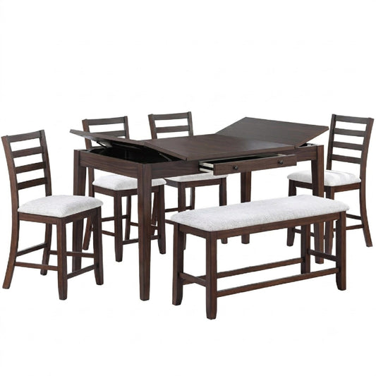 6 Piece Counter Height Dining Set Table With Storage Ladder Back Chairs And Bench - Walnut
