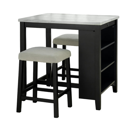Dining Table Set With Storage Shelves, 3 Piece With 2 Stools - Black / Ivory / White