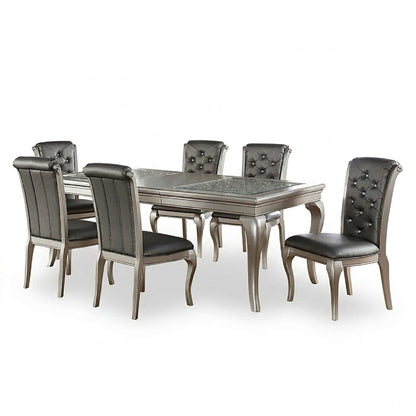 Rectangle Dining Table With Glass Top And 6 Tufted Back Chairs - Gray / Silver