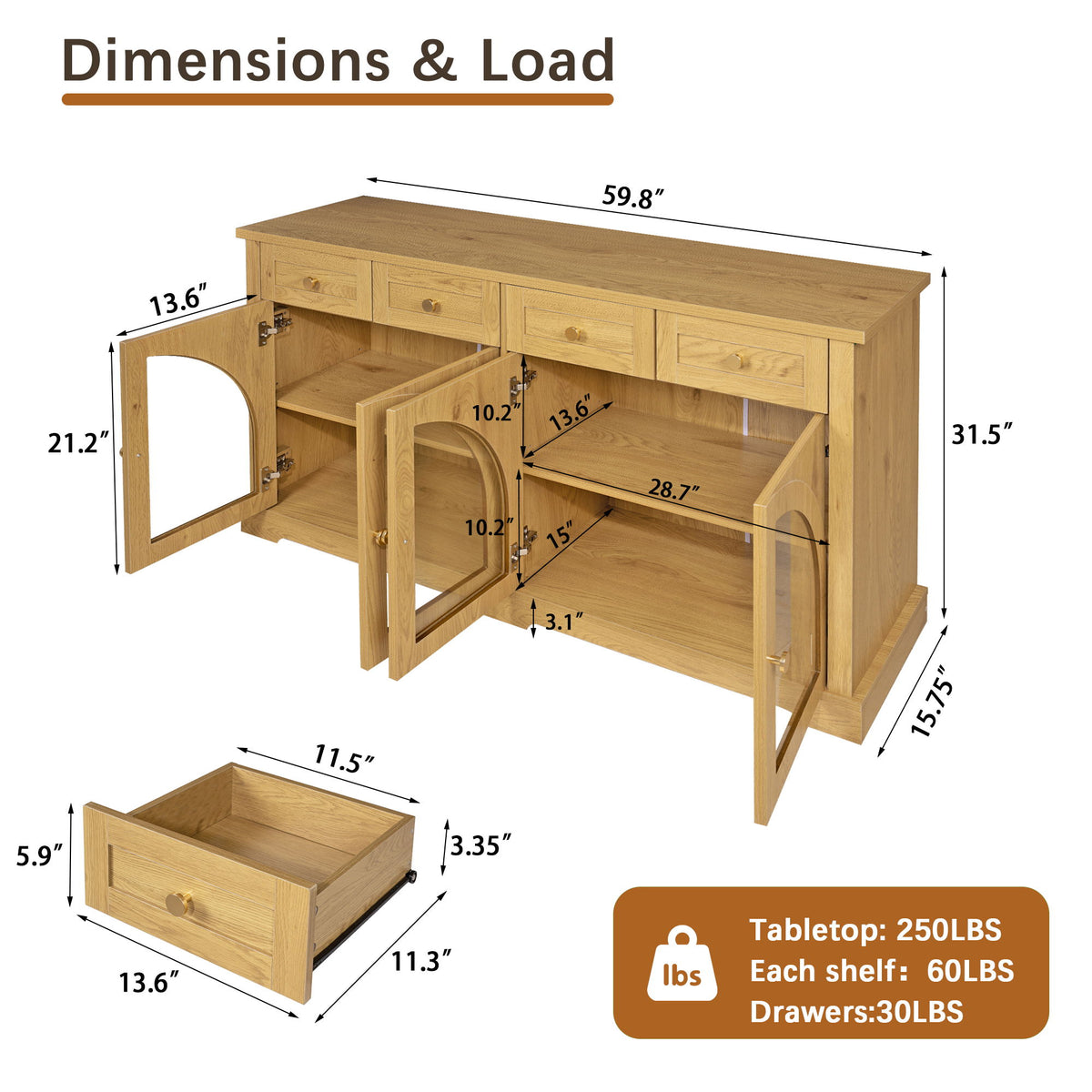 Sideboard Cabinet With 4 Drawers And 4 Arched Glass Doors