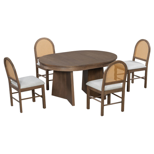 Extendable Round Dining Table Set For 4 With 4 Upholstered Chairs - Beige / Walnut