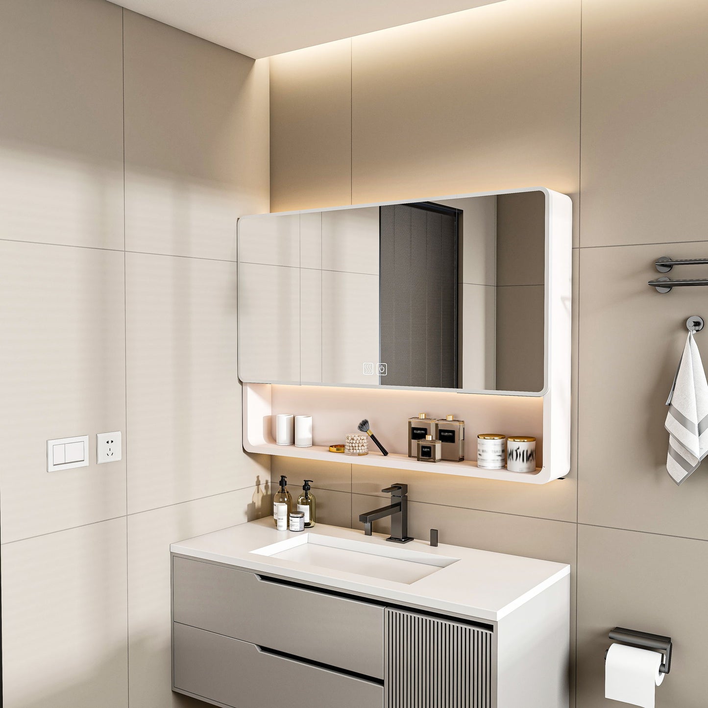 Aluminium Medicine Cabinet Mirror, With 3 Colors LED Light And Defogging Function - Khaki