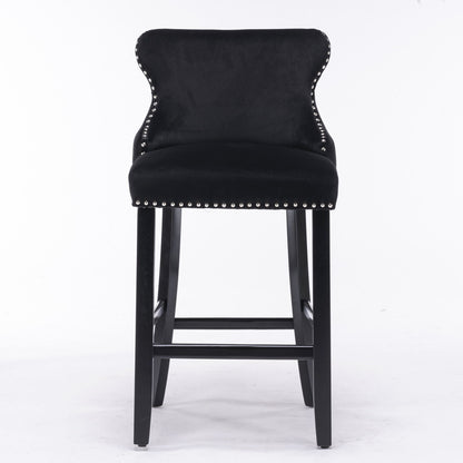 Contemporary Upholstered Wing-Back Barstools With Button Tufted Decoration And Wooden Legs, And Nailhead Trim, Leisure Style Bar Chairs, Bar Stools (Set of 2)