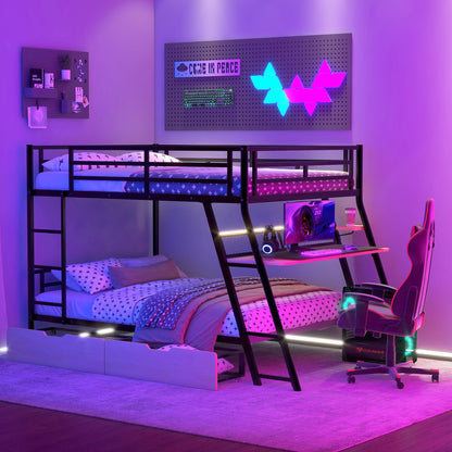 Full Size Bunk Bed With Built In Desk, Light, And 2 Drawers - Black
